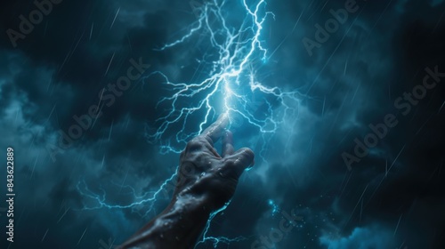Hand holds aloft a crackling lightning bolt like Zeus and Thor against a stormy backdrop