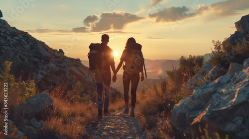 adventurous couple hiking on a scenic mountain trail at sunset, beautiful landscape