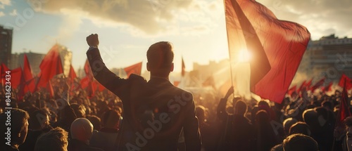 A politician delivering a speech with supporters waving flags, 8k uhd