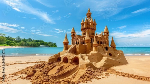 intricate sand castle sculpture on beach with blue sky background capturing the ephemeral art of sand carving and summer leisure cut out photo