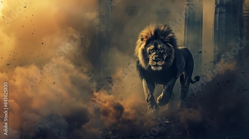 majestic lion emerging from smoky ruins in savannah wilderness powerful wildlife concept illustration