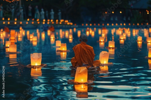 Novices monk lights floating lanterns