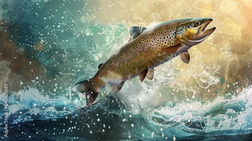 majestic trout fish leaping from river splashing water droplets ai generated artwork