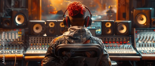 An individual at a digital workstation in a stateoftheart recording studio, wearing fashionable clothes and big headphones, back view