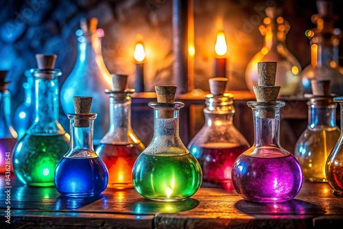 magical potion with glowing liquid in mysterious room with candle lights