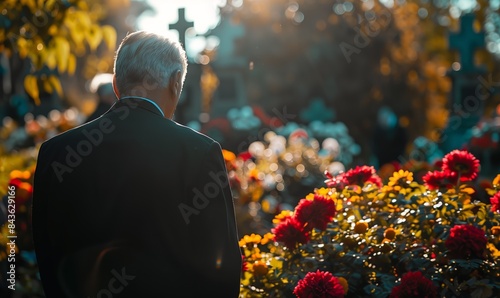 Rear view elegant sad elderly man standing grieves at the grave of a loved person