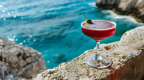 A crimson beverage with a frothy top and a single olive. Resting in a sophisticated goblet on the brink of a stone parapet. Gazing at the turquoise sea. 