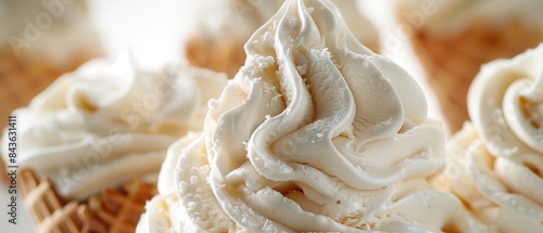 Closeup of a vanilla ice cream cone, showing intricate details and texture, sharp 8K image, isolated on white background