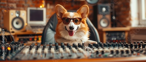 Corgi in stylish outfit and sunglasses at studio control board