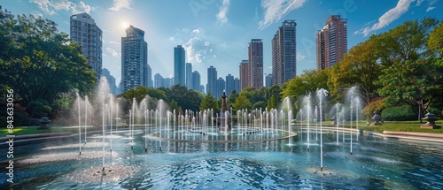 Detailed 8K photo of a city park with fountains and tall buildings in the background