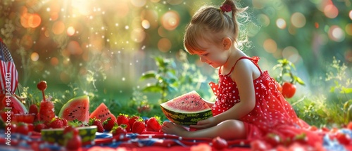 Child enjoying watermelon on a red picnic blanket, wearing a watermelon dress, with patriotic snacks and decor, joyful and summery, Realistic, Bright colors 8K , high-resolution, ultra HD,up32K HD