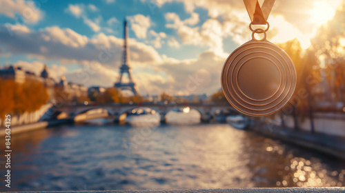 Bronze medal with a blank space for design, mockup style, blurred view of the Seine River and Parisian landmarks, sunny and vibrant 