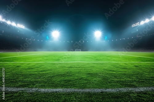 Green football feild with 2 open spotlights outdoors stadium night.