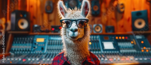 Llama wearing sunglasses and plaid shirt at recording studio