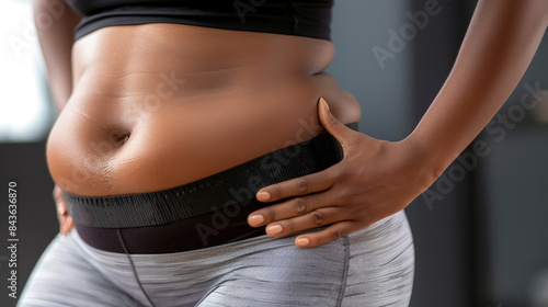 A woman's belly is shown in a close-up shot showing her belly fat
