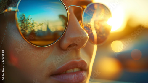 Close-up of a person in vintage sunglasses, reflection of a retro car in the lenses, nostalgic and stylish, bright sunlight 