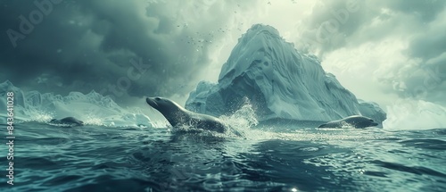 Seals diving around a giant iceberg