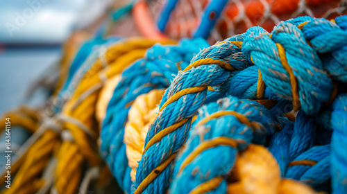 Closeup of colorful fishing nets and ropes in a seaside town harbor 