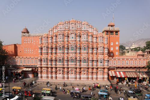 The Magnificent Facade and Architecture of the 'Hawa Mahal' palace with 953 small windows built with Pink sandstone in 1799 C.E. at Jaipur city in Rajasthan, India..