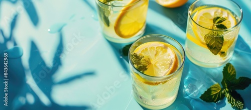 Close-up shot of lemonade on a blue background, evoking summer vibes and vacation plans, with sunny day shadows and space for text.