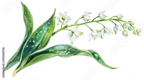 Watercolor illustration of delicate white Lily of the Valley Convallaria flowers with green leaves on a white background.