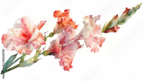 Beautiful watercolor painting of pink and orange gladiolus flowers with green leaves, showcasing delicate petals and subtle gradients.