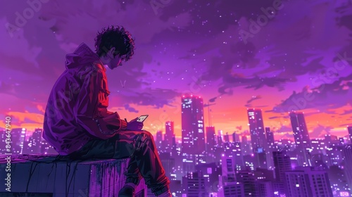 A man is sitting on a ledge looking at his phone. The city below him is lit up with neon lights, creating a moody and urban atmosphere