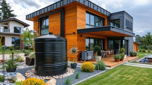 Rainwater collection system. Large tank next to a modern cottage