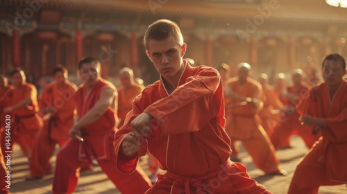 A young Caucasian monk in a Chinese monastery trains kung fu among Chinese monks in the rays of the rising sun