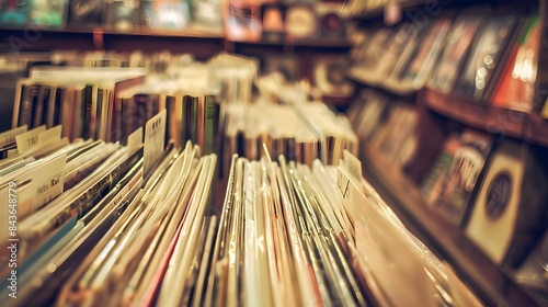 Vintage vinyl records in a cozy record store with warm lighting and wooden shelves