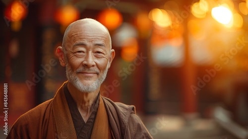 A happy, peaceful monk stands against the backdrop of a Chinese monastery