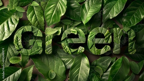 A macro photograph showcasing the word Green spelled out using vibrant, green leaves, capturing the essence of ecoconsciousness and sustainability