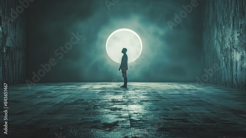 A man stands alone in a dark, foggy room, illuminated by a glowing circle