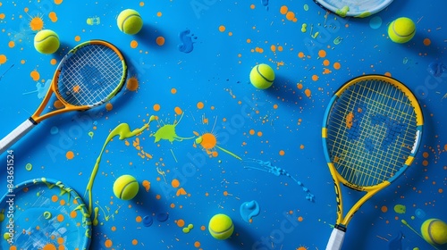 A still life image of tennis rackets and balls on a blue background with paint splatters. The image is abstract and artistic, showcasing the beauty of the sport