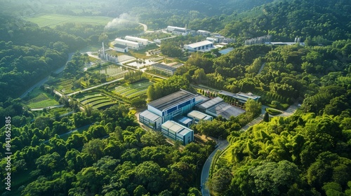 An aerial view showcasing a modern industrial complex nestled within a vibrant green forest