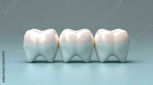 Three white, glossy molar teeth aligned in a row on a light blue gradient background.