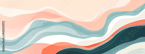 abstract illustration with summer vibes and wavy beach style, abstract watercolor paint banner with sea waves in minimalist pastel look 