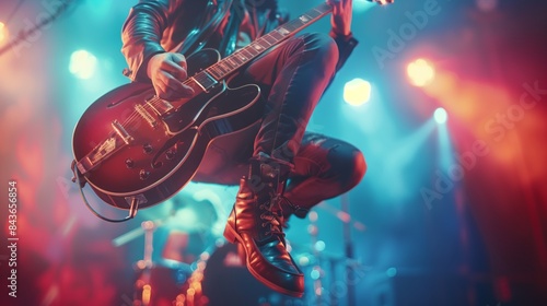 Dynamic Guitarist Jumping Mid-Air with Vibrant Stage Lights