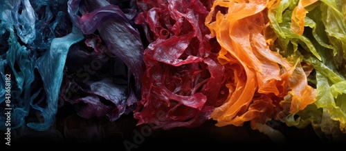 A colorful and vibrant dried hijiki seaweed with a unique texture and a rich umami flavor is showcased in this captivating copy space image