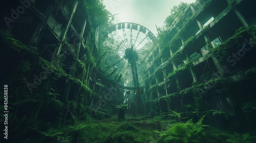 Abandoned giant wheel in amusement park with city debris with green plants growing. Post apocalypse scene.