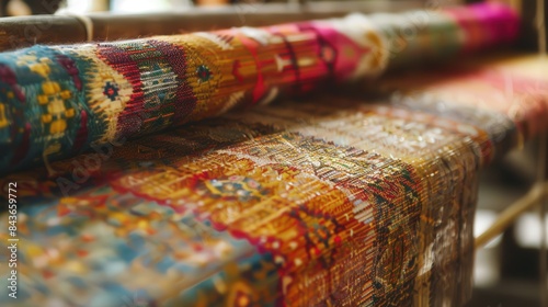 Vibrant Threads: Close-up of Traditional Fabric Weaving on Loom in Natural Light with Intricate Textures and Colors