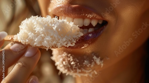 Close-up of a woman enjoying a mouthful of finely shredded coconut.