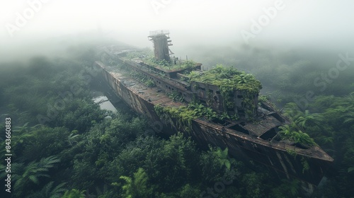 Abandoned military battle ship debris with green plants growing. Post apocalypse scene.
