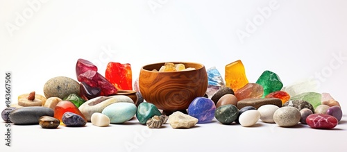 tibetan singing bowl and multicoloured healing chakra stones isolated on white background. copy space available