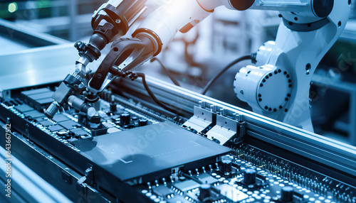 Automated manufacturing production line with robot arms producing AI artificial intelligence micro chips for circuit boards at a new technology plant