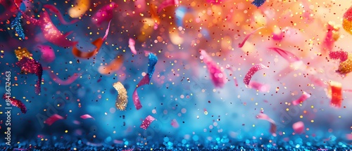 A vibrant, colorful explosion of confetti and light, creating a festive and joyful atmosphere with splashes of blue, pink, and gold.