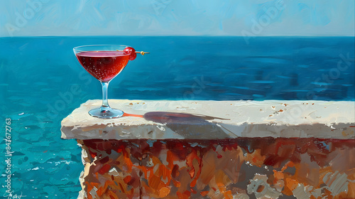 A crimson beverage with a frothy top and a single olive. Resting in a sophisticated goblet on the brink of a stone parapet. Gazing at the turquoise sea. 