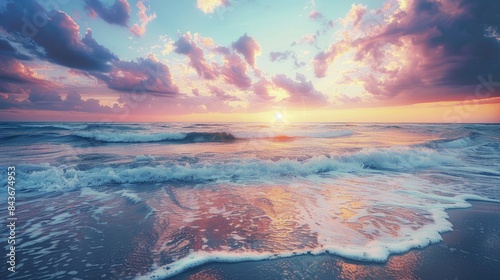 A peaceful beach scene at sunset, with the oceans gentle waves lapping against the shore and colorful clouds reflecting in the water