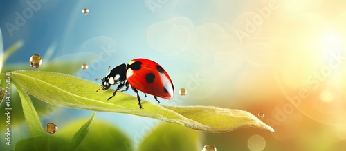 A Coccinella septempunctata ladybug is seen preparing to take flight in the image with copy space