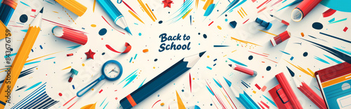 eamless background pattern featuring a variety of colourful school supplies, including pencils, erasers, rulers, notebooks, and crayons, with a cheerful and energetic "Back to School" vibe